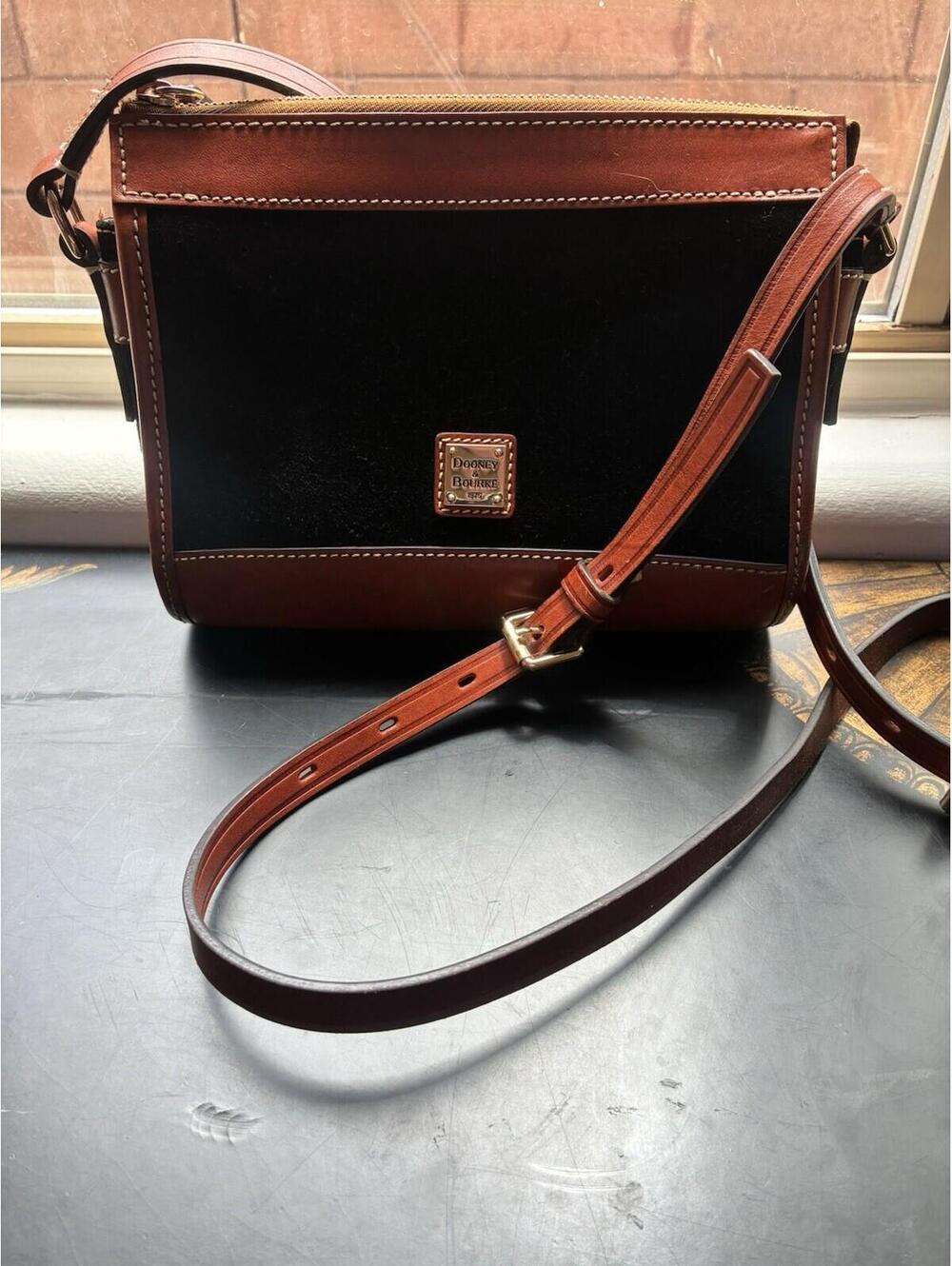 Dooney Bourke Suede Leather Crossbody Bag Brown Black + Dust Bag EUC